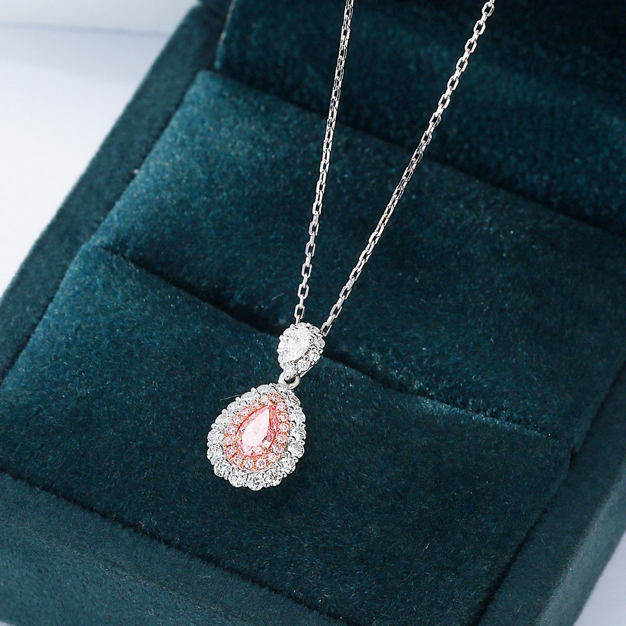 Pear Shaped Yellow Diamond Halo Pendant in 18K White Gold -In-Box Display