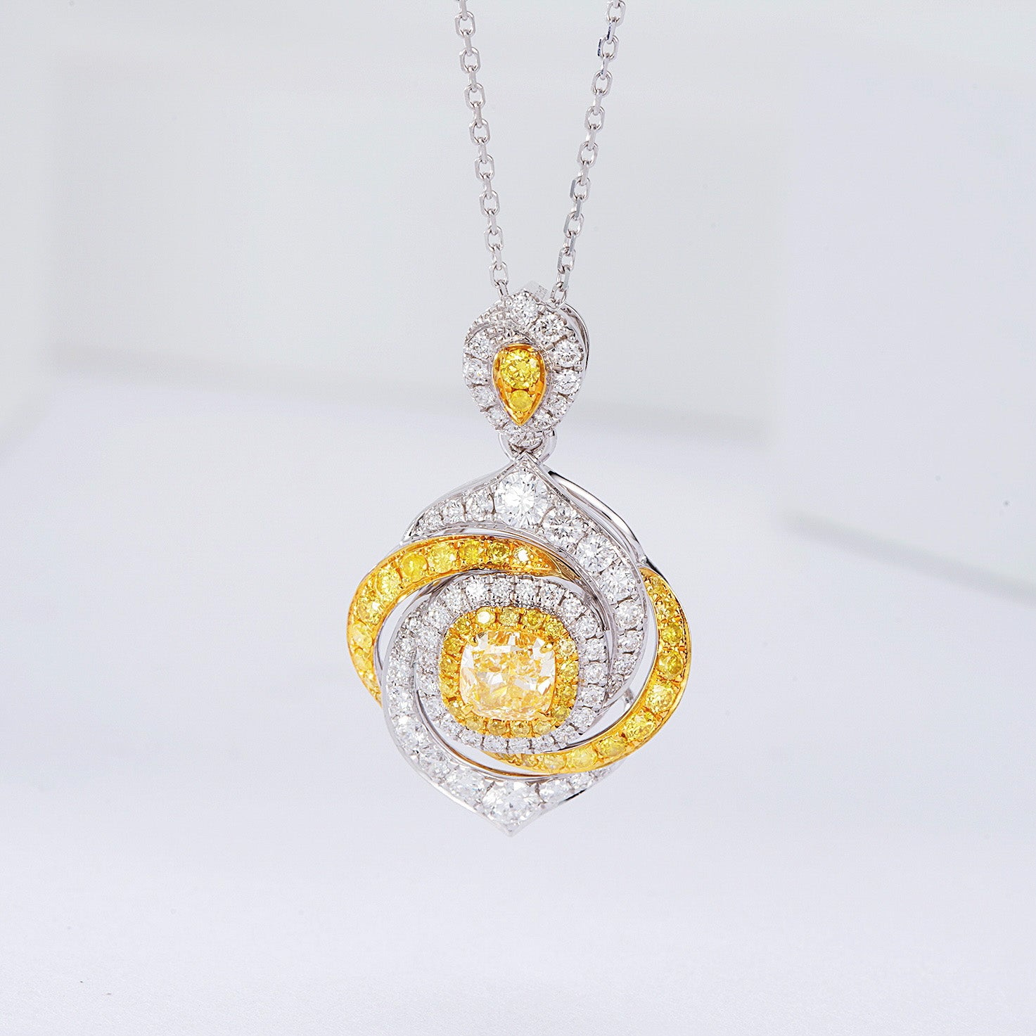 Cushion Cut Yellow Diamond Designer Pendant in 18K Yellow Gold -Front View