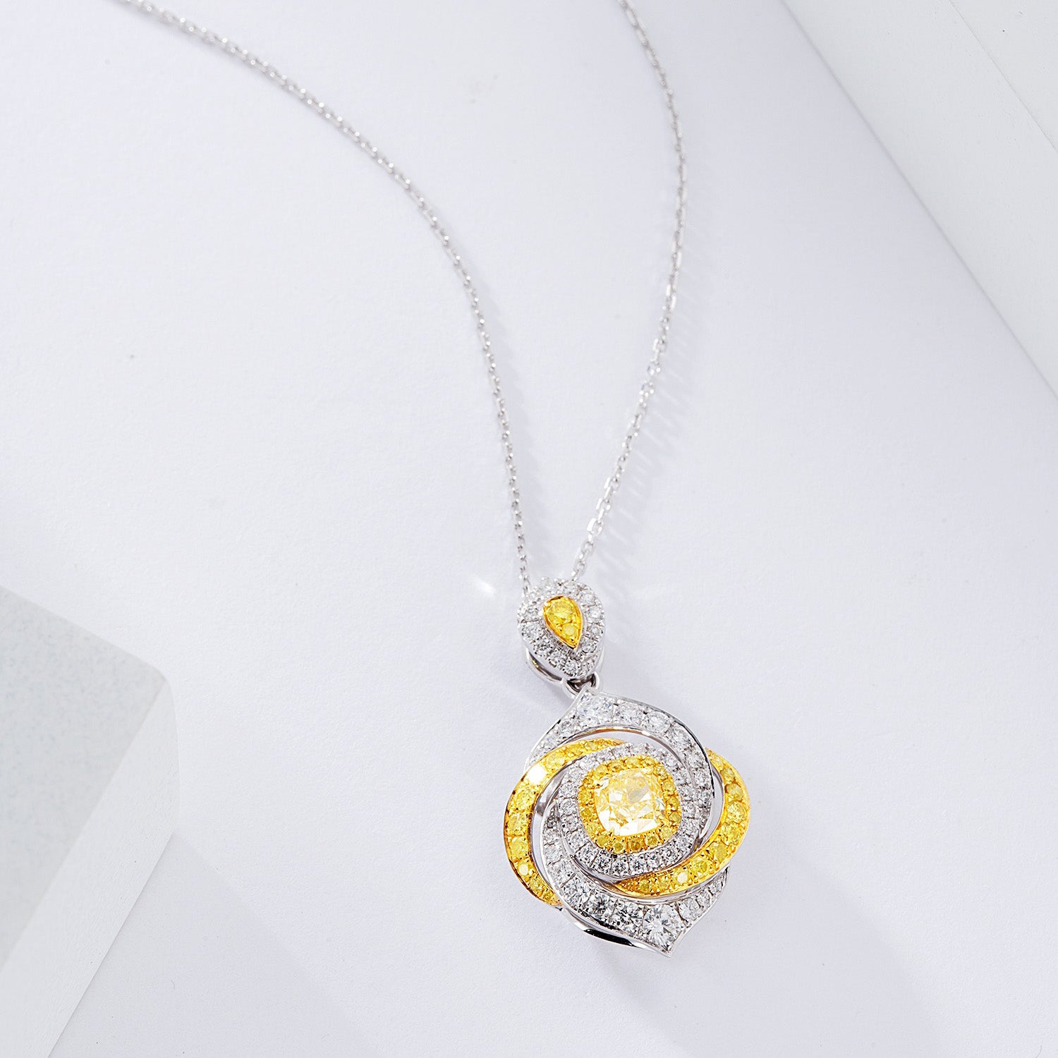 Cushion Cut Yellow Diamond Designer Pendant in 18K Yellow Gold -Top View