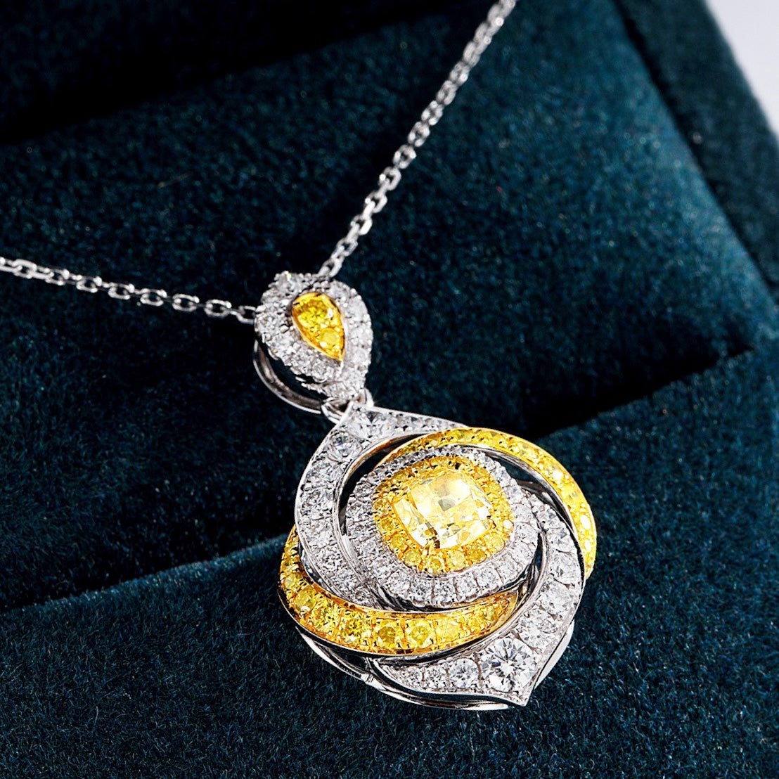 Cushion Cut Yellow Diamond Designer Pendant in 18K Yellow Gold -Perspective Close-up