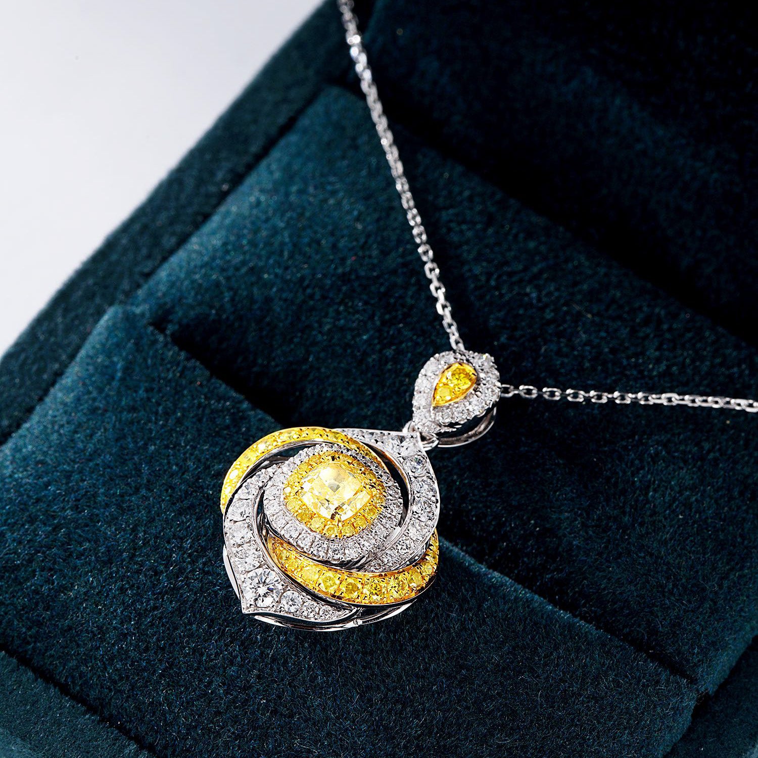 Cushion Cut Yellow Diamond Designer Pendant in 18K Yellow Gold -In-Box Display