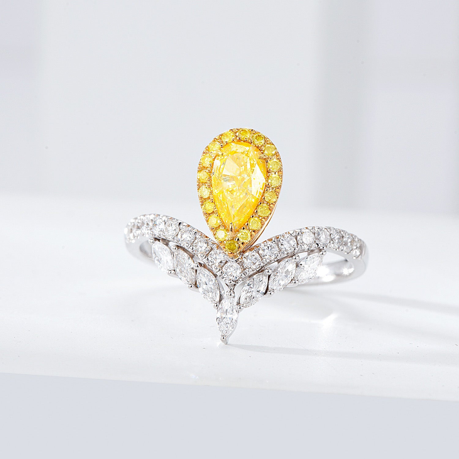 Pear-Shaped Yellow Diamond Halo Engagement Ring with V Shaped Diamond Band -Front View