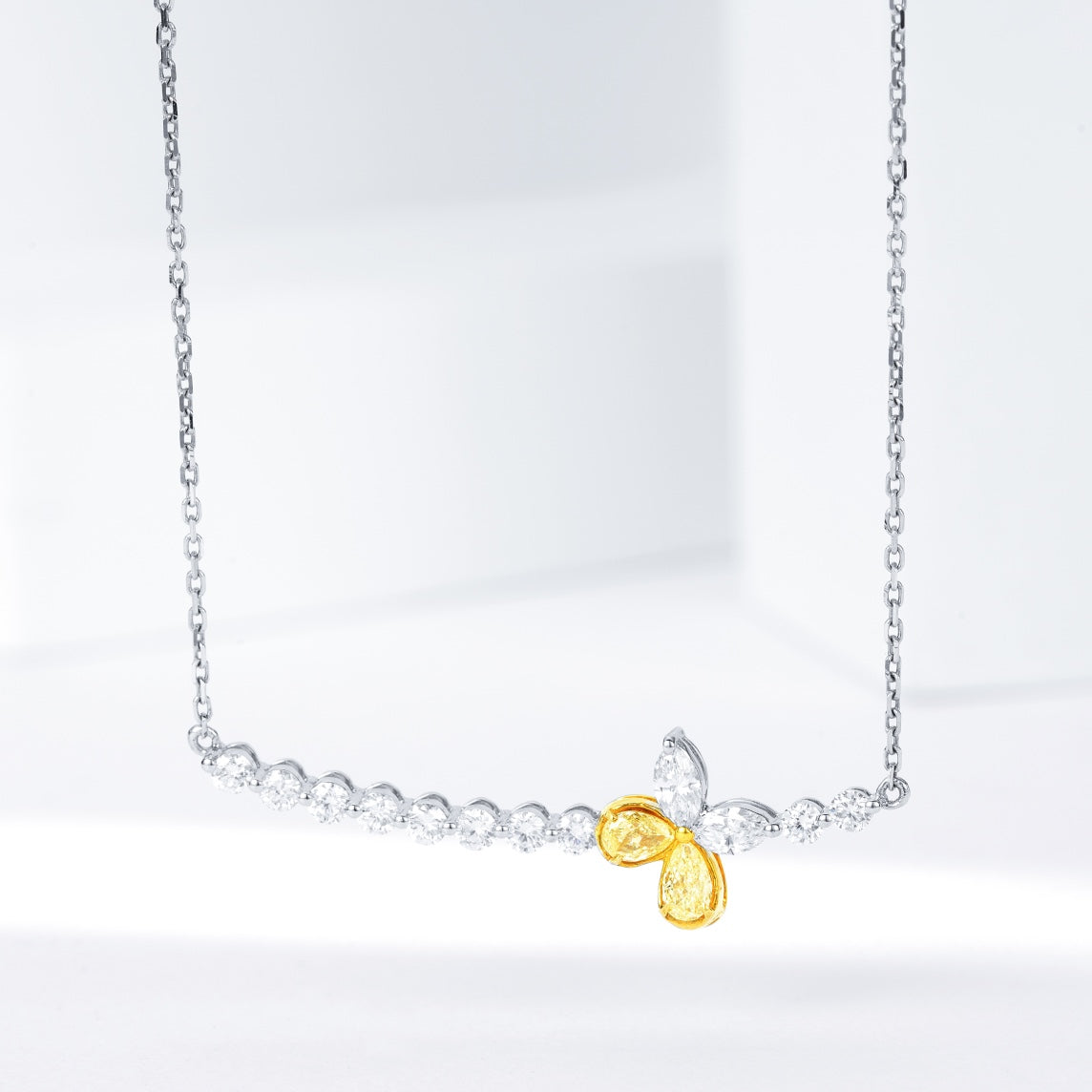Slightly Curved Diamond Bar Necklace in 18K White Gold -Front View