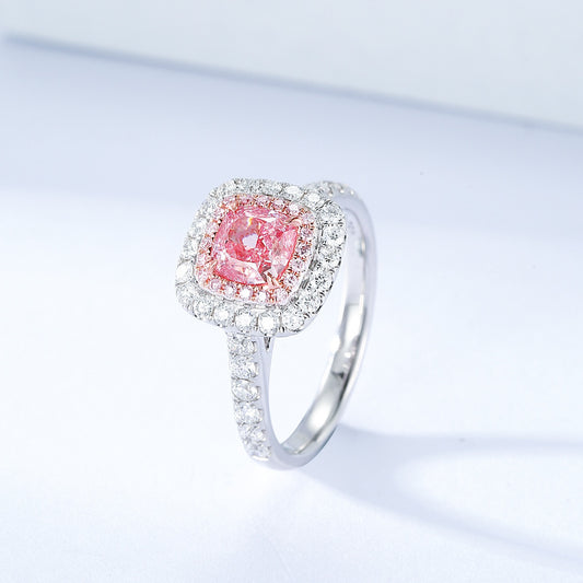Cushion Cut Pink Diamond Pavé Band Double Halo Engagement Ring