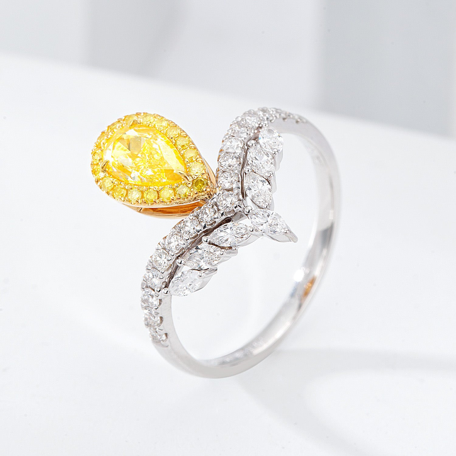 Pear-Shaped Yellow Diamond Halo Engagement Ring with V Shaped Diamond Band -Side Angle