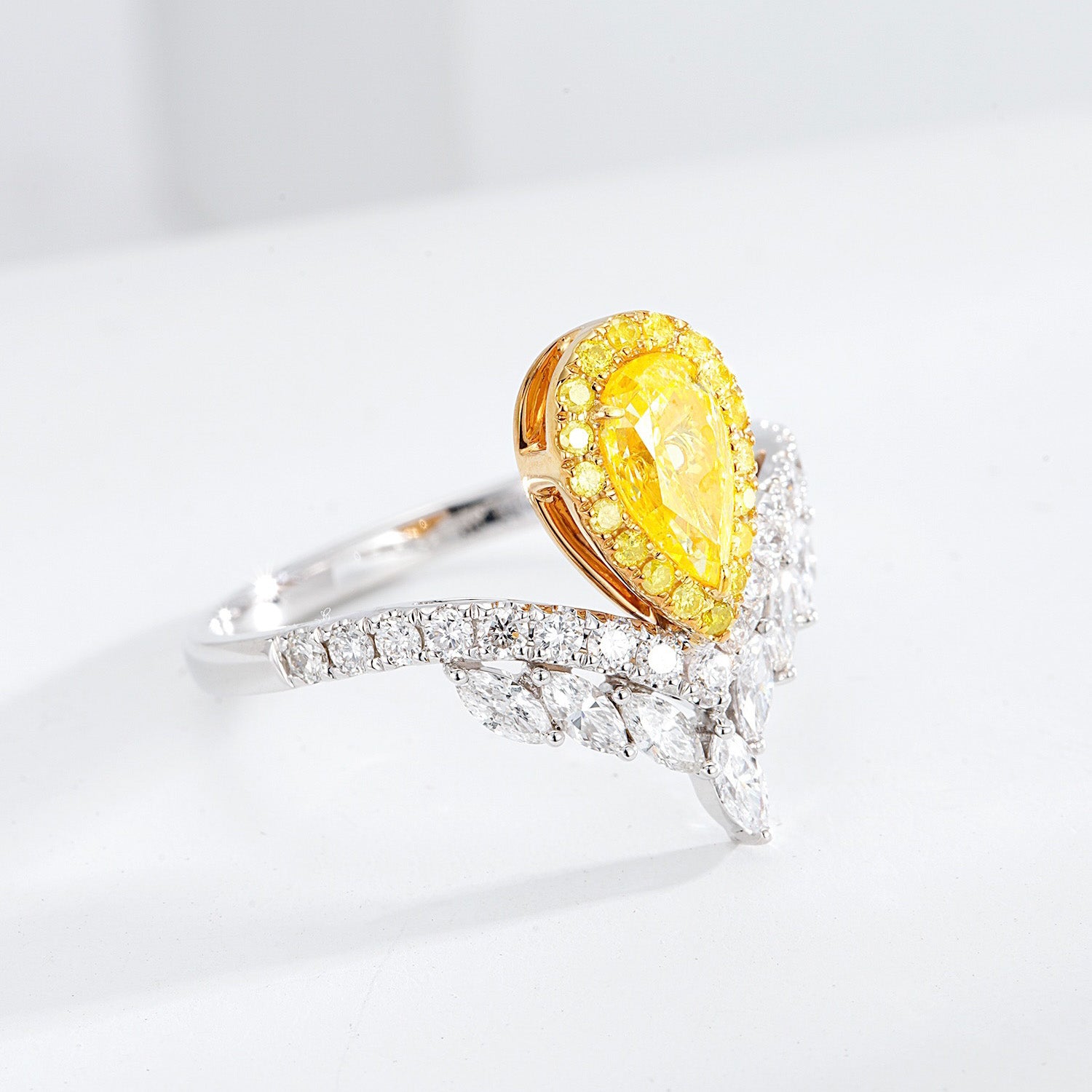 Pear-Shaped Yellow Diamond Halo Engagement Ring with V Shaped Diamond Band -Top View
