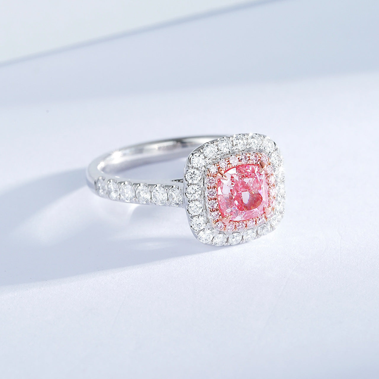 Cushion Cut Pink Diamond Pavé Band Double Halo Engagement Ring -Top View