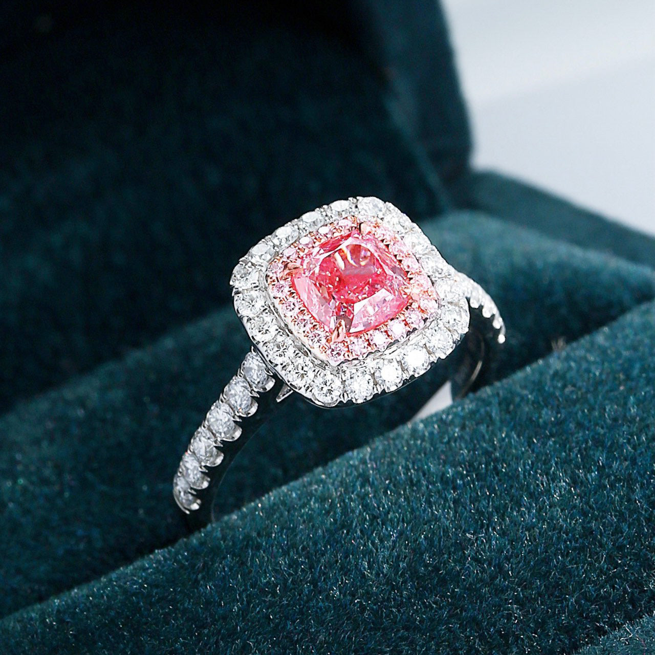 Cushion Cut Pink Diamond Pavé Band Double Halo Engagement Ring -Perspective Close-up
