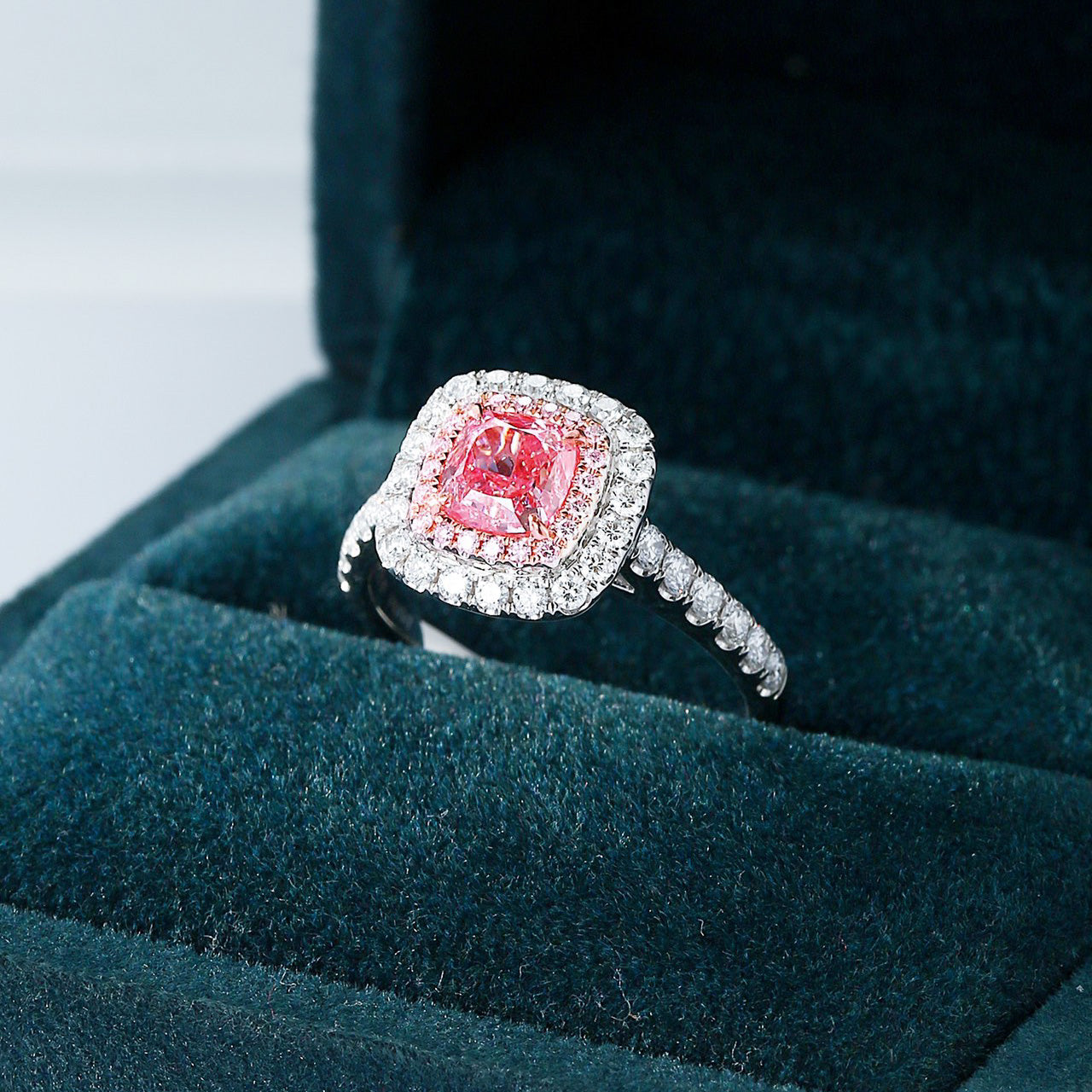 Cushion Cut Pink Diamond Pavé Band Double Halo Engagement Ring -In-Box Display