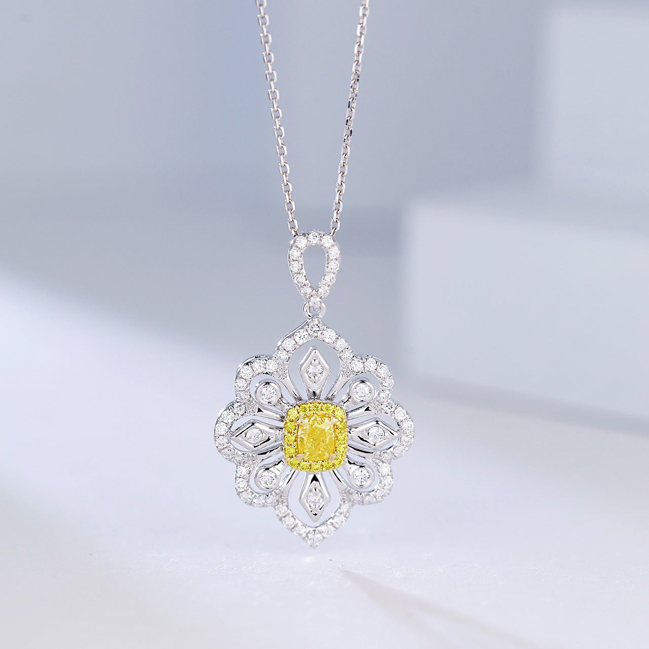 Cushion Cut Yellow Diamond Pendant with Full Diamond Filigree Design -Front View