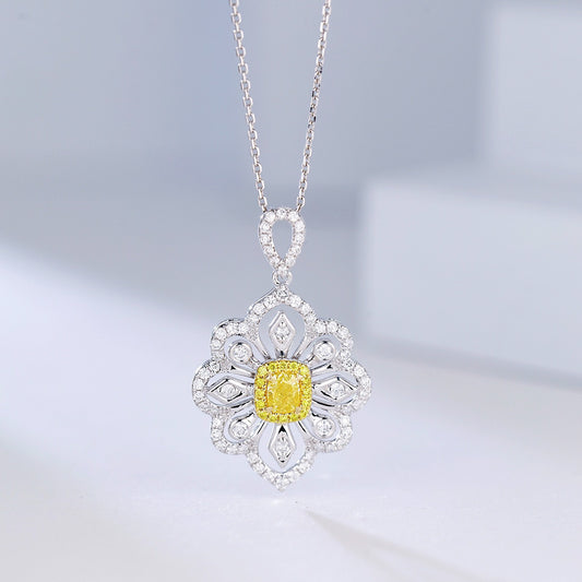 Cushion Cut Yellow Diamond Pendant with Full Diamond Filigree Design