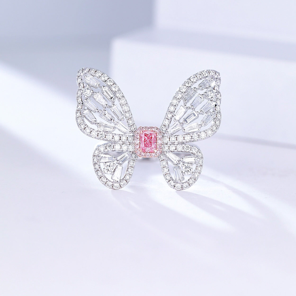 Radiant Cut Pink Diamond Butterfly Ring in Elegant Diamond Setting -Front View