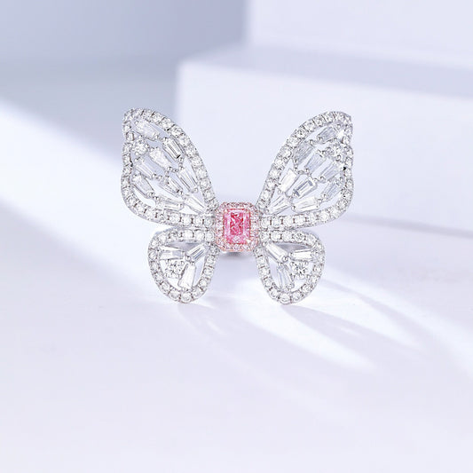 Radiant Cut Pink Diamond Butterfly Ring in Elegant Diamond Setting