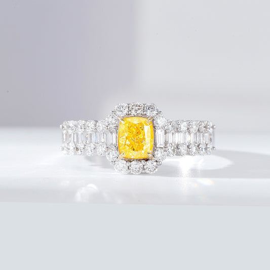 Cushion Cut Yellow Diamond Engagement Ring with Baguette and Round Diamond Band