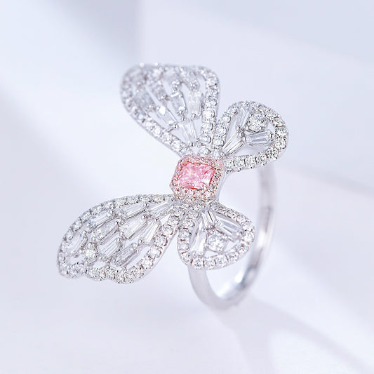 Radiant Cut Pink Diamond Butterfly Ring in Elegant Diamond Setting