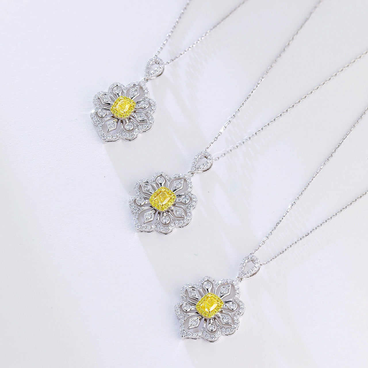 Cushion Cut Yellow Diamond Pendant with Full Diamond Filigree Design -Side Angle