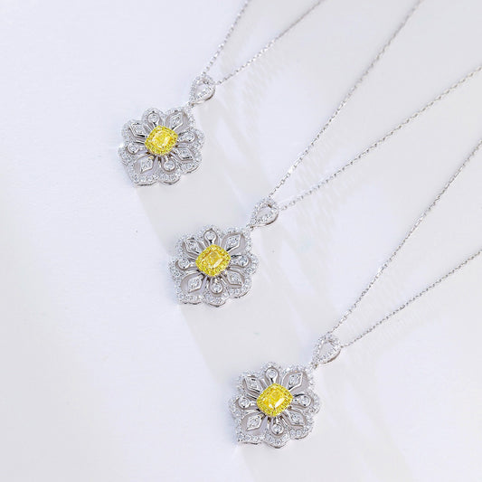 Cushion Cut Yellow Diamond Pendant with Full Diamond Filigree Design