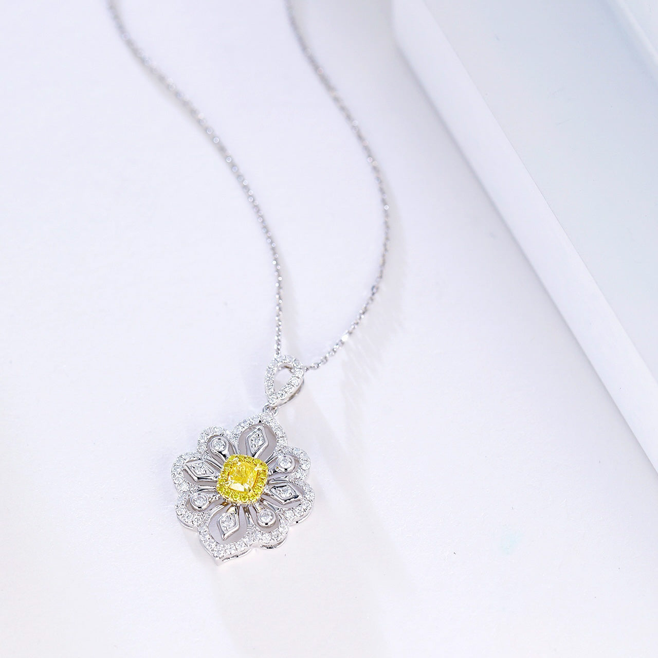 Cushion Cut Yellow Diamond Pendant with Full Diamond Filigree Design -Top View