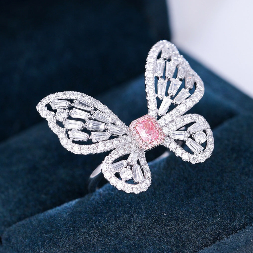 Radiant Cut Pink Diamond Butterfly Ring in Elegant Diamond Setting -Perspective Close-up