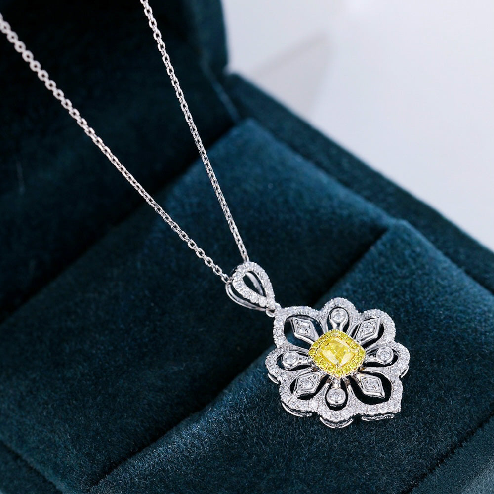 Cushion Cut Yellow Diamond Pendant with Full Diamond Filigree Design -Perspective Close-up