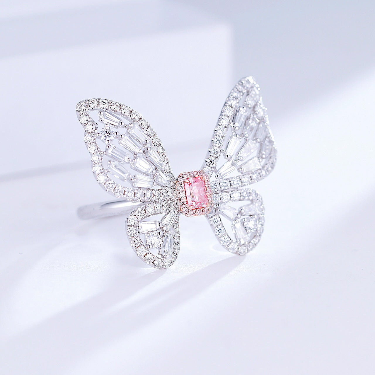Radiant Cut Pink Diamond Butterfly Ring in Elegant Diamond Setting -Top View
