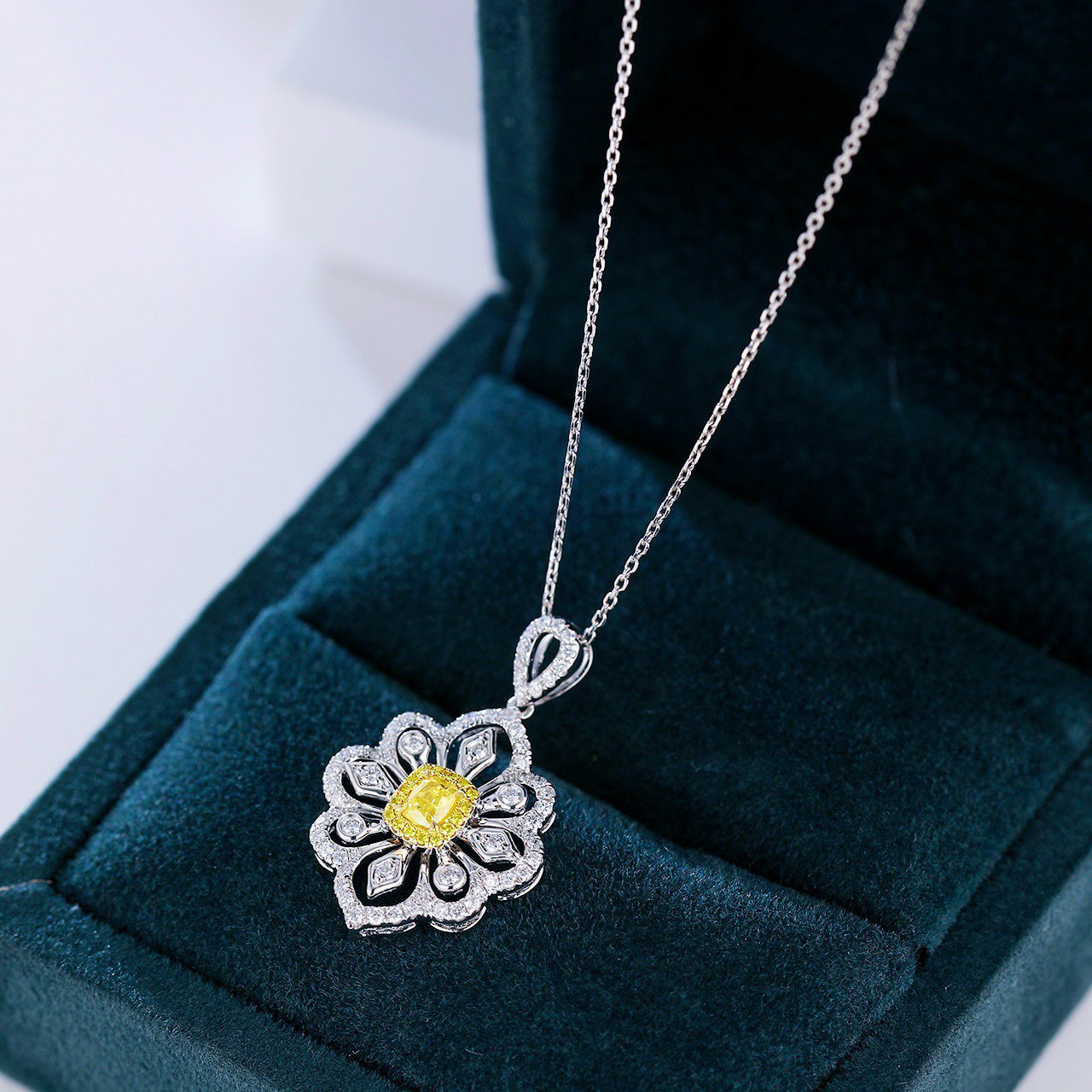 Cushion Cut Yellow Diamond Pendant with Full Diamond Filigree Design -In-Box Display