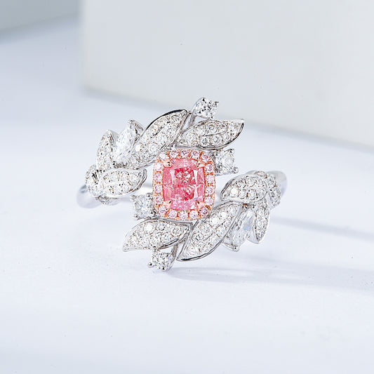 Cushion Cut Pink Diamond Nature Inspired Engagement Ring with Leaf Motif