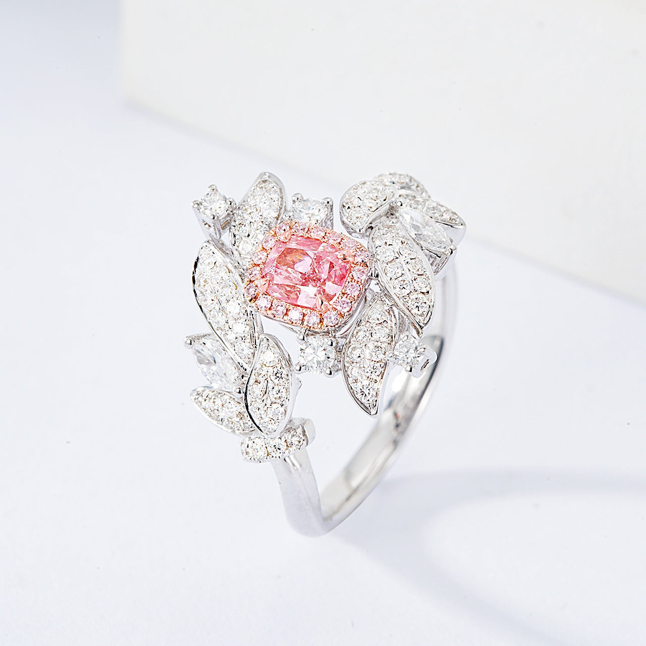 Cushion Cut Pink Diamond Nature Inspired Engagement Ring with Leaf Motif -Top View