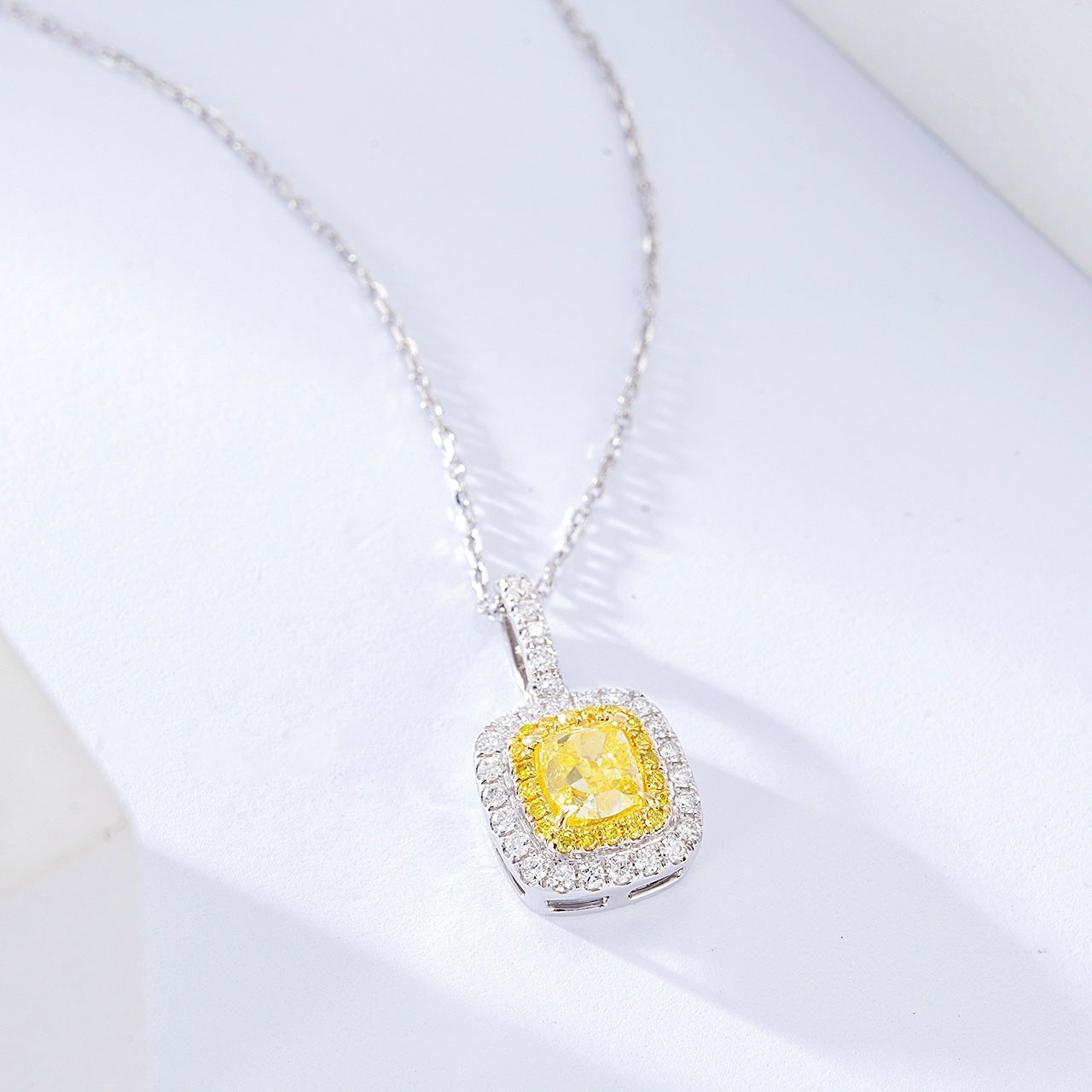 Cushion Cut Yellow Diamond Halo Pendant in 18K White Gold -Top View