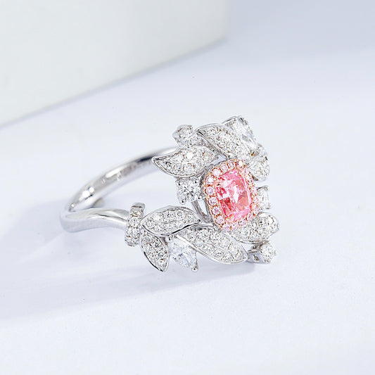 Cushion Cut Pink Diamond Nature Inspired Engagement Ring with Leaf Motif