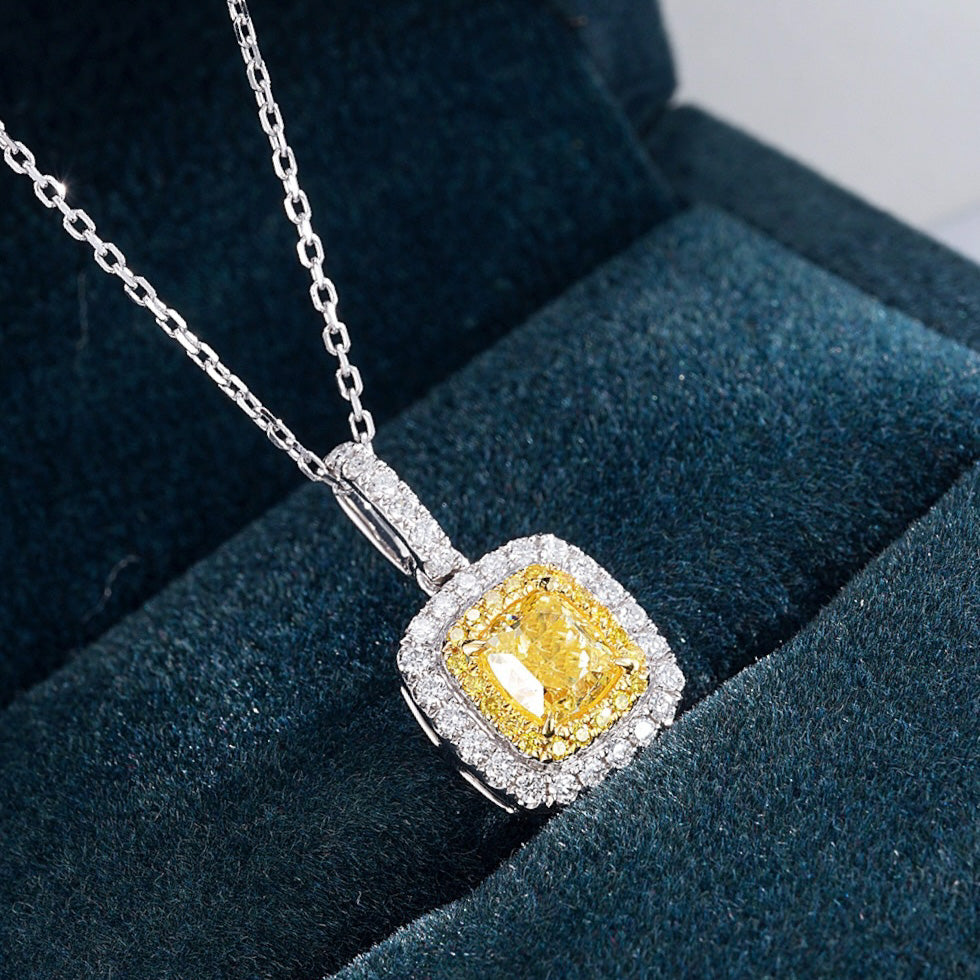 Cushion Cut Yellow Diamond Halo Pendant in 18K White Gold -Perspective Close-up