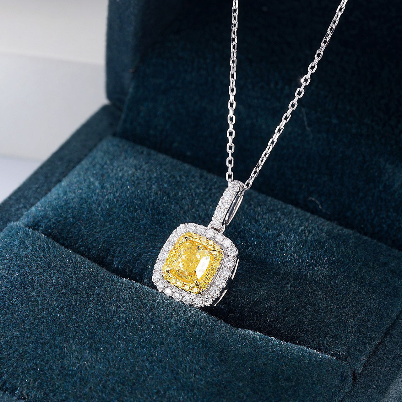 Cushion Cut Yellow Diamond Halo Pendant in 18K White Gold -In-Box Display