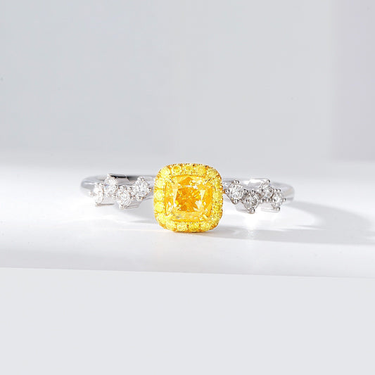 Cushion Cut Yellow Diamond Ring with Unique Side Diamond Design