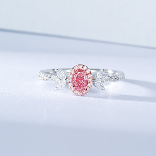 Oval Shaped Pink Diamond Ring with Nature Inspired Leaf Accents