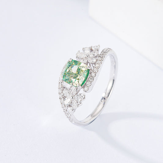 Cushion Cut Green Diamond Engagement Ring with Pavé Setting