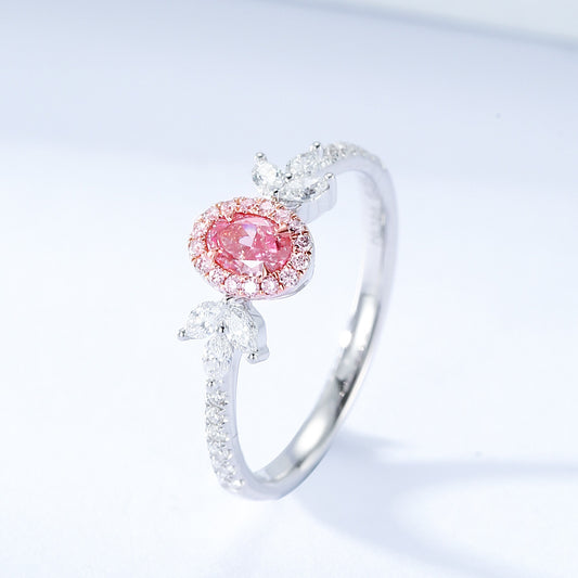 Oval Shaped Pink Diamond Ring with Nature Inspired Leaf Accents