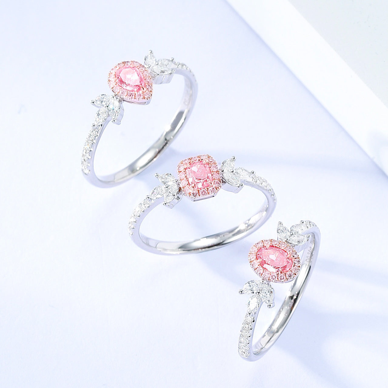 Oval Shaped Pink Diamond Ring with Nature Inspired Leaf Accents -Top View