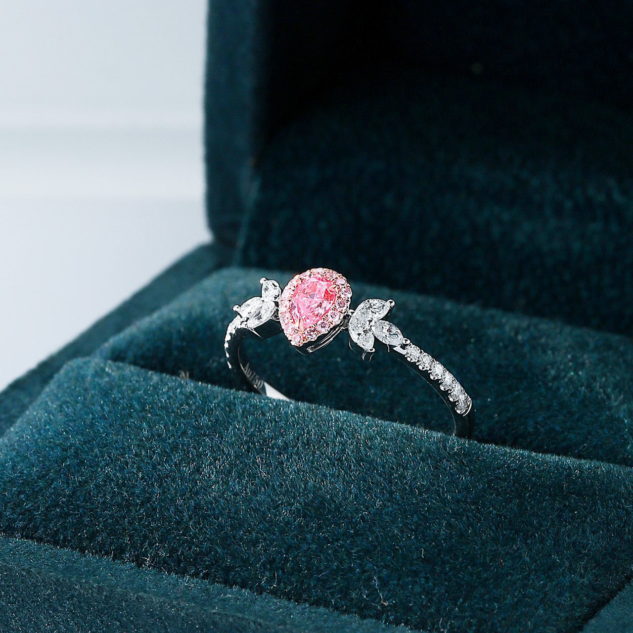 Oval Shaped Pink Diamond Ring with Nature Inspired Leaf Accents -In-Box Display