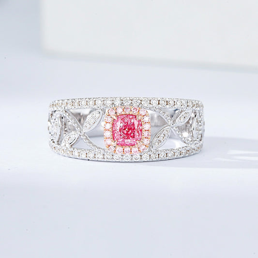 Cushion Cut Pink Diamond Leaf Motif White Gold Ring