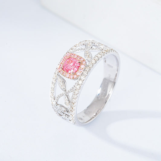 Cushion Cut Pink Diamond Leaf Motif White Gold Ring