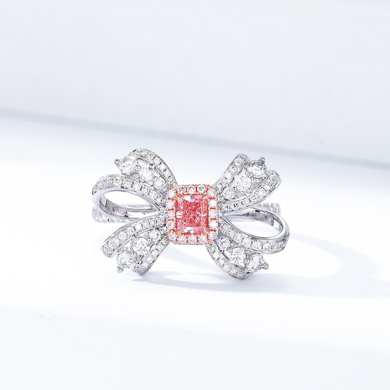 Radiant Cut Pink Diamond Ring with Bow Design in 18K Gold -Front View