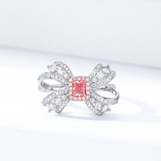 Radiant Cut Pink Diamond Ring with Bow Design in 18K Gold