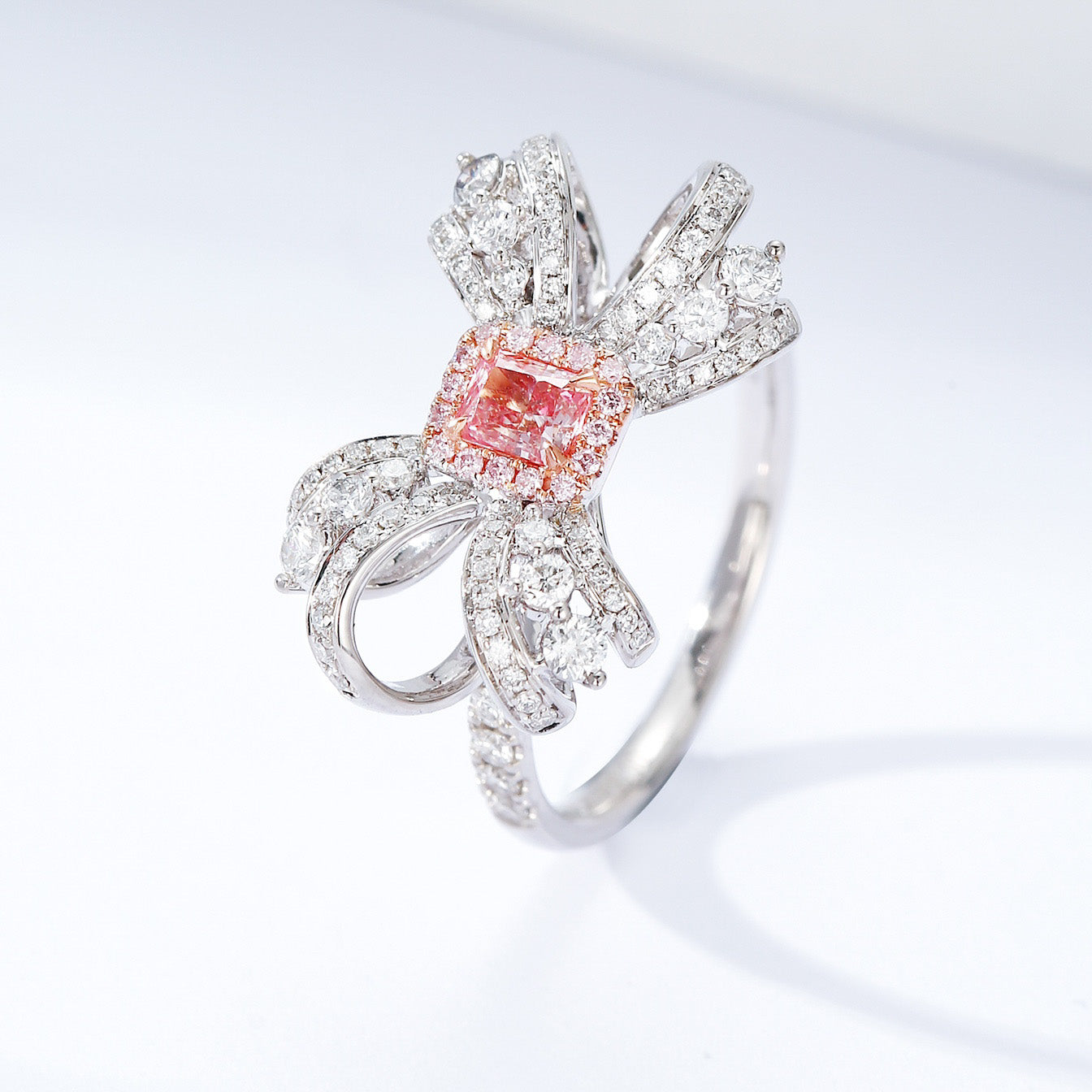 Radiant Cut Pink Diamond Ring with Bow Design in 18K Gold -Side Angle