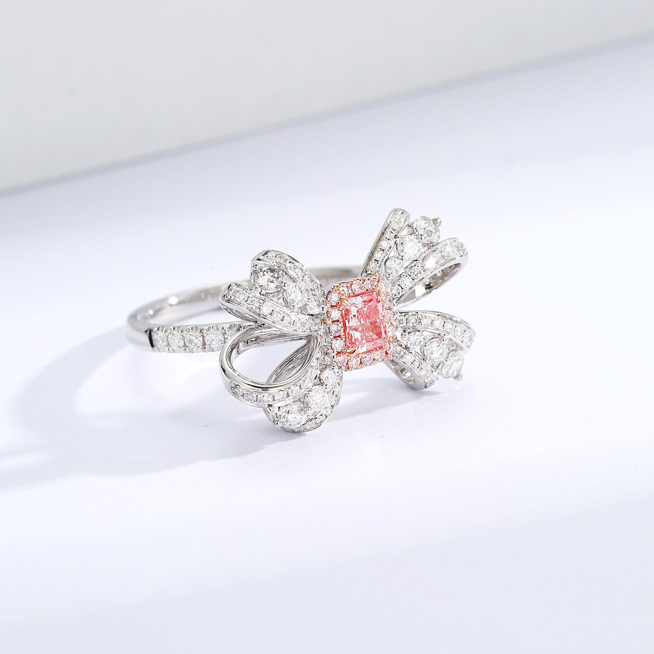 Radiant Cut Pink Diamond Ring with Bow Design in 18K Gold -Top View