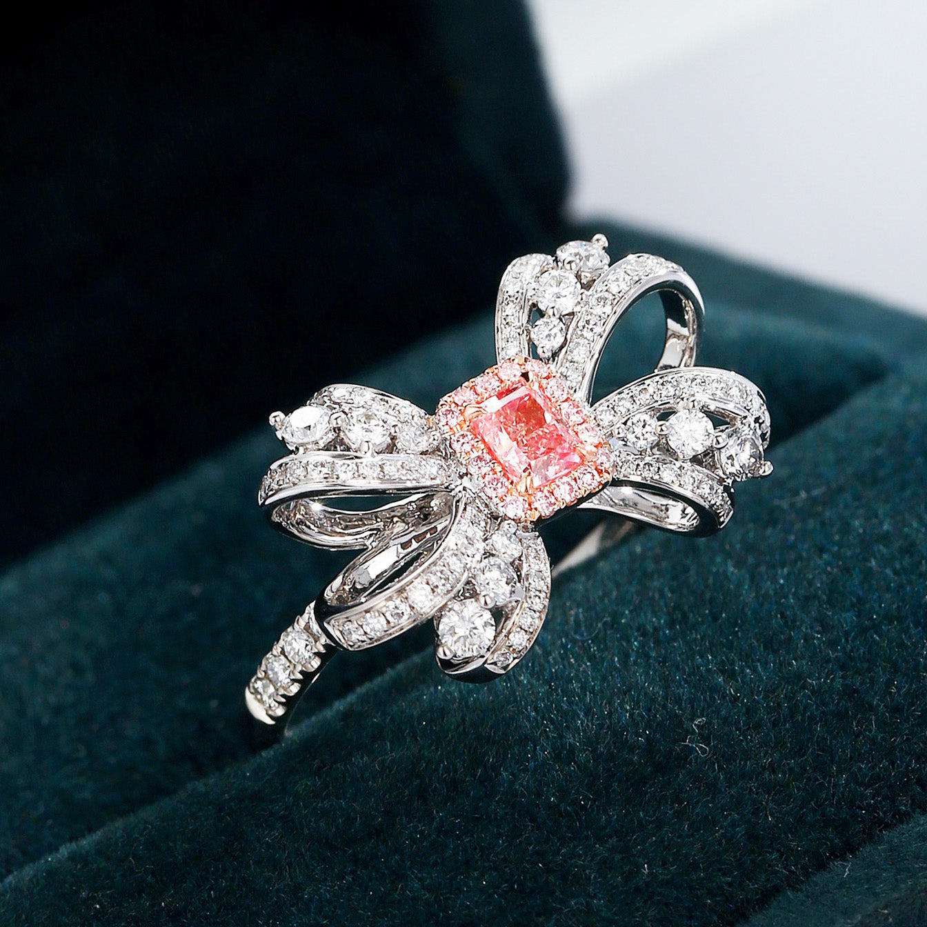 Radiant Cut Pink Diamond Ring with Bow Design in 18K Gold -Perspective Close-up