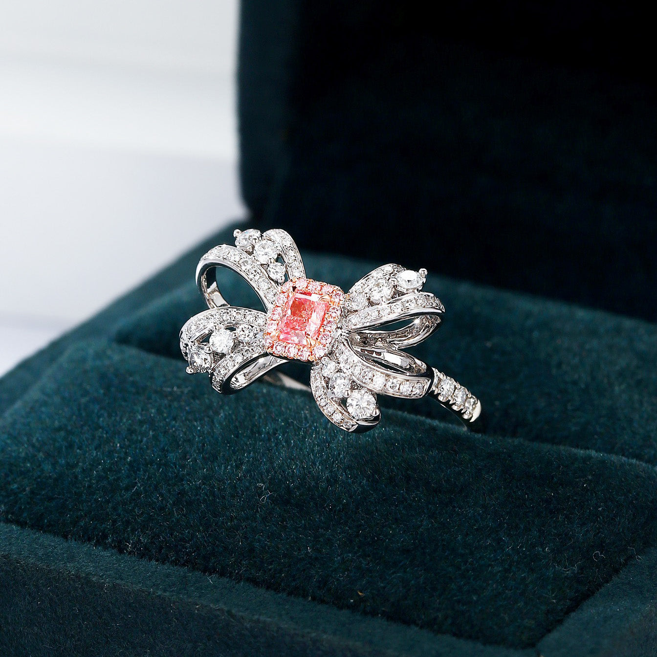 Radiant Cut Pink Diamond Ring with Bow Design in 18K Gold -In-Box Display