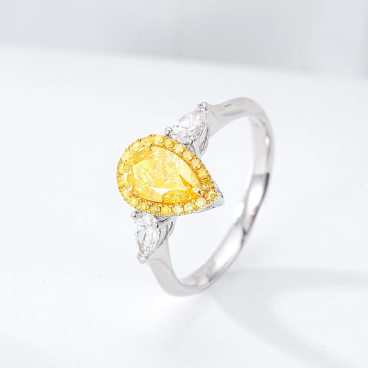Three Stone Pear Shaped Yellow Diamond Engagement Ring in 18K White Gold