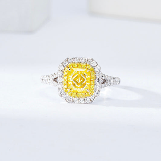 Radiant Cut Yellow Diamond Halo Engagement Ring with Split Shank Design