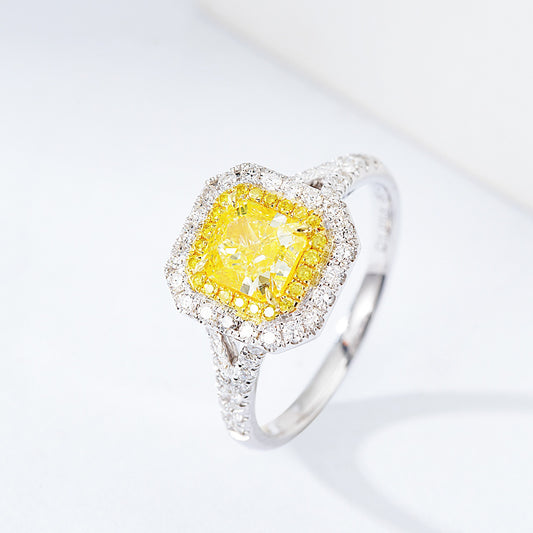 Radiant Cut Yellow Diamond Halo Engagement Ring with Split Shank Design
