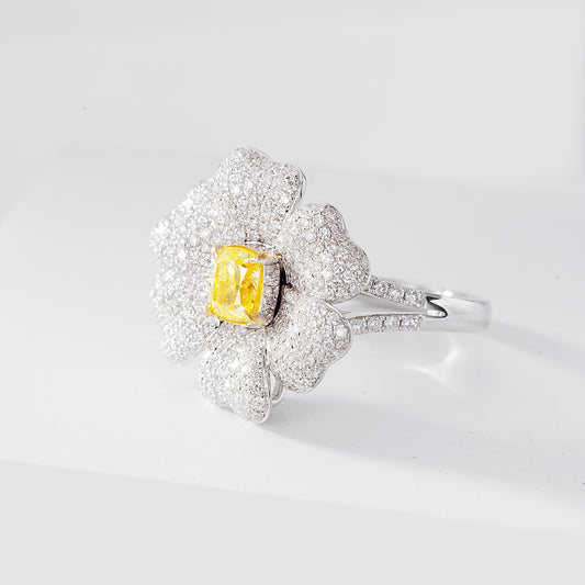 Cushion Cut Yellow Diamond Flower Engagement Ring
